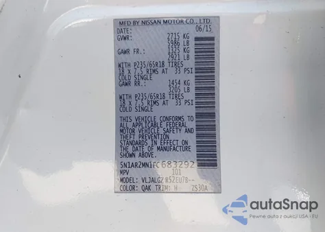 2015 Nissan Pathfinder Sl из США, поврежденный, VIN 5N1AR2MN1FC683292